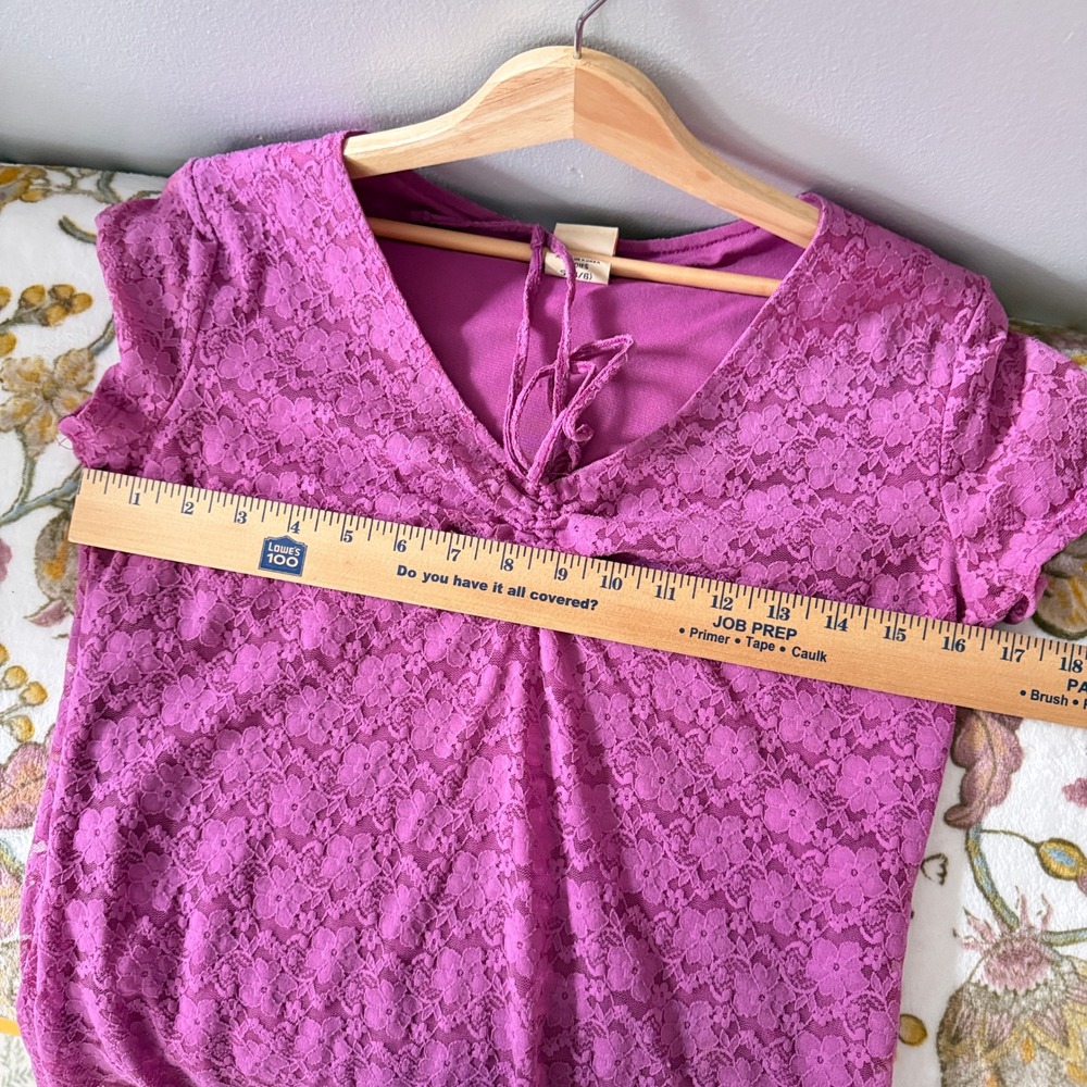 Faded Glory Top Babydoll Coquette Y2K Fuschia Floral Lace Short Sleeve Women's S - Picture 3 of 8